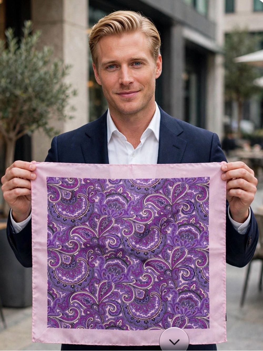 Pronto Uomo Purple Paisley Pocket Square with Pink Border